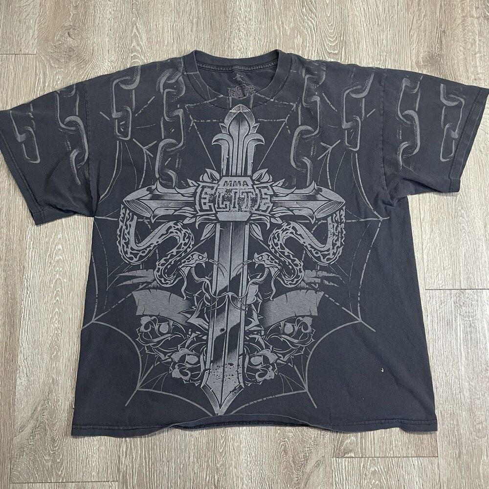 MMA Elite Mens XL Black Graphic T Shirt Snake Cross Dagger Gothic Y2K Streetwear